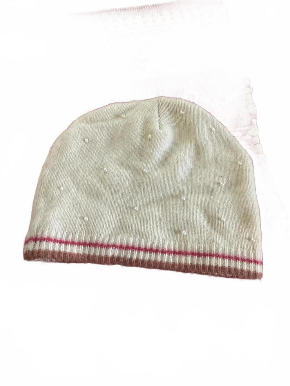 Cozy White Beanie Hat with Pink Striped Trim and Pearl Detail